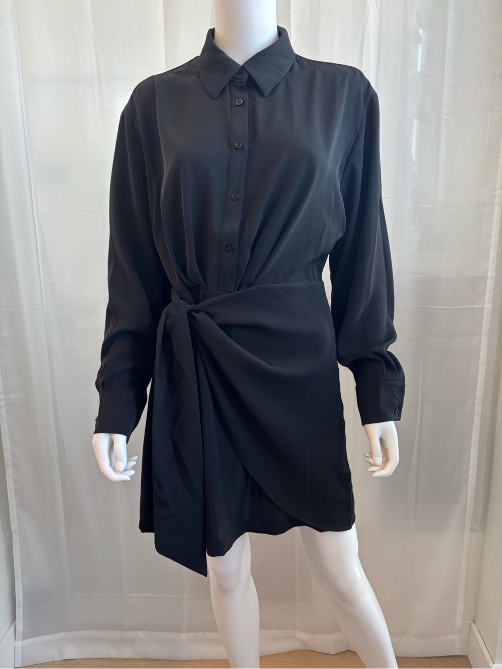 Dynamite Black Long Sleeve Draped Tie Front Mini Shirt Dress M